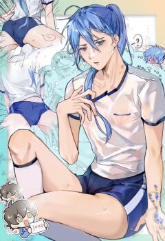 Rule 34 | 2boys, :d, ?, adjusting shirt, ahoge, alternate costume, ass, bangs pinned back, bite mark, bite mark on neck, bite mark on thigh, blue buruma, blue eyes, blue gem, blue hair, blue jacket, blush, border, brown hair, bulge, buruma, chibi, chibi inset, chinese commentary, collarbone, commentary request, covered erect nipples, crying, edmond (nu carnival), eiden (nu carnival), embarrassed, feet out of frame, furrowed brow, gem, green border, groin, groin tendon, gym uniform, hair between eyes, hair over shoulder, heart, hickey, high ponytail, hot, imminent spanking, jacket, knee up, kneehighs, long hair, looking at viewer, male focus, multiple boys, multiple views, navel, nu carnival, open mouth, outline, ponytail, rinbow yu, scorecard, shirt, short hair, sitting, smile, socks, spoken blush, spoken question mark, spread legs, streaming tears, sweat, t-shirt, tears, thighs, twitter username, v-shaped eyebrows, wet, wet clothes, white outline, white shirt, white socks, yaoi, yellow border, yellow eyes, zoom layer