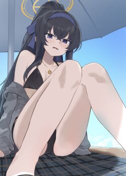 Rule 34 | 1girl, absurdres, beach, beach towel, beach umbrella, bikini, black bikini, black hair, blue archive, blue sky, bow, breasts, cardigan, commentary, evening rabbit, from below, grey cardigan, hair bow, hairband, halo, highres, huge filesize, long hair, long sleeves, o-ring, o-ring bikini, o-ring top, official alternate costume, open cardigan, open clothes, ponytail, purple bow, purple eyes, purple hairband, sitting, sky, small breasts, solo, string bikini, swimsuit, towel, ui (blue archive), ui (swimsuit) (blue archive), umbrella, yellow halo