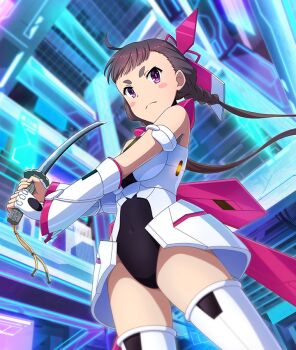 Rule 34 | 1girl, arm armor, armor, bare shoulders, black leotard, blush stickers, braid, breasts, brown hair, closed mouth, covered navel, cowboy shot, cyberspace, dot nose, fighting stance, from below, game cg, hair ornament, holding, holding sword, holding weapon, katana, leotard, long hair, looking at viewer, low twintails, matsunaga erina, medium breasts, official art, purple eyes, purple pupils, science fiction, serious, short eyebrows, solo, sword, thick eyebrows, thighhighs, third-party source, toji no miko, toji no miko: kizamishi issen no tomoshibi, twintails, two-handed, v-shaped eyebrows, weapon, white armor, white thighhighs