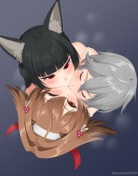 1boy 2girls commission commissioner_upload deepspace group_kiss hoshimi_miyabi kiss multiple_girls triple_kiss wise_(zenless_zone_zero) ye_shunguang zenless_zone_zero