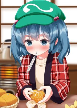 Rule 34 | 1girl, blue eyes, blue hair, blush, brown sweater, closed mouth, cold pack, commentary request, completion time, food, fruit, green hat, hanten (clothes), hat, highres, indoors, japanese clothes, kawashiro nitori, kotatsu, liquid-in-glass thermometer, long sleeves, mandarin orange, peeling, ruu (tksymkw), short hair, solo, sweater, table, thermometer, thermometer in mouth, touhou, two side up, upper body, wide sleeves