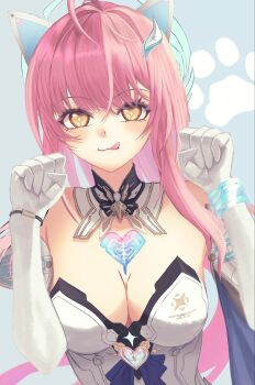 Rule 34 | 1girl, :q, aemeath (wuthering waves), ahoge, animal ears, aoi (ayakaze aoi), bare shoulders, breasts, cat ears, cleavage, commentary request, elbow gloves, fake animal ears, gloves, hair ornament, highres, leotard, long hair, looking at viewer, medium breasts, orange eyes, paw pose, pink hair, solo, star-shaped pupils, star (symbol), strapless, strapless leotard, symbol-shaped pupils, tacet mark (wuthering waves), tongue, tongue out, upper body, white gloves, white leotard, wuthering waves