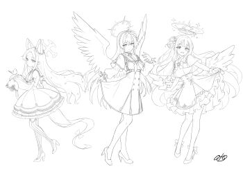 3girls absurdres angel_wings animal_ears bird bird_wings blue_archive bow bowtie bracelet braid breasts cape clothes_lift commentary_request crown_braid dress dress_lift feathered_wings flower fox_ears fox_girl fox_tail frilled_dress frills hair_bun hair_flower hair_ornament hairband halo high_heels highres jewelry large_breasts lineart long_hair long_sleeves looking_at_viewer mika_(blue_archive) multiple_girls nagisa_(blue_archive) open_mouth oto_jampan pantyhose school_uniform seia_(blue_archive) simple_background sleeves_past_wrists smile striped_clothes striped_pantyhose tail very_long_hair white_background wide_sleeves wings