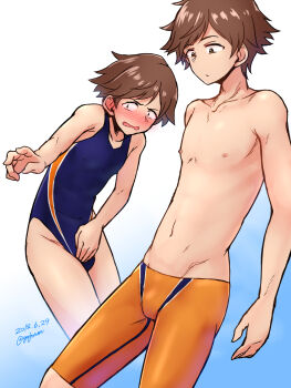 1boy artist_name blue_one-piece_swimsuit blush brown_eyes brown_hair bulge commentary_request covered_erect_nipples covering_crotch covering_privates crossdressing crossdressing_(mtf) dated embarrassed genderswap genderswap_(ftm) gojarun highres honda_mio idolmaster idolmaster_cinderella_girls male_focus male_swimwear multiple_views nipples one-piece_swimsuit orange_male_swimwear short_hair signature swimsuit topless_male