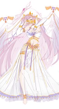 1girl absurdres barefoot bell breasts bridal_gauntlets chinese_commentary closed_eyes commentary_request commission crop_top elf elysia_(herrscher_of_human:_ego)_(honkai_impact) elysia_(honkai_impact) feet highres honkai_(series) honkai_impact_3rd large_breasts long_hair midriff mouth_veil navel pink_hair pointy_ears simple_background skirt solo veil very_long_hair white_background white_skirt white_veil yu_diandian