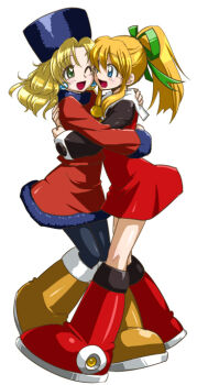 2girls black_legwear black_sleeves blonde_hair blue_eyes brown_footwear commentary_request dress full_body fur_hat green_eyes green_ribbon hair_ribbon hat hug kalinka_cossack_(mega_man) kurowasagi long_hair long_sleeves mega_man_(classic) mega_man_(series) multiple_girls one_eye_closed open_mouth parted_bangs ponytail red_dress red_footwear ribbon roll_(mega_man) short_dress sidelocks simple_background ushanka white_background