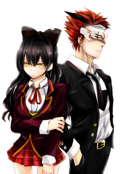 1boy 1girl absurdres adam_taurus black_hair blake_belladonna bow hair_bow hand_in_pocket highres junjun_(kimi-la) long_hair mask necktie plaid_clothes plaid_skirt red_hair rwby school_uniform simple_background skirt white_background yellow_eyes