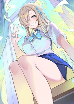 1girl absurdres asuna_(blue_archive) asuna_(school_uniform)_(blue_archive) blue_archive blue_bow blue_bowtie blue_eyes blue_halo blue_nails blue_ribbon blush bow bowtie breasts button_gap choker collared_shirt hair_over_one_eye halo highres large_breasts long_hair loose_bowtie ribbon school_uniform shirt siwa_(st_ekfrlfkep) sleeves_rolled_up