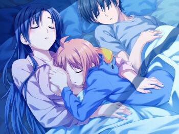 10s 1boy 2girls ahoge animal_hood between_breasts breast_pillow breasts closed_eyes game_cg grabbing_another's_breast groping hand_on_another's_chest highres hood hoodie koutaro kusakari_natane multiple_girls open_clothes pajamas pillow saotome_nagi sleeping tropical_kiss