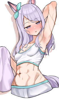 1girl abs absurdres ahti animal_ears aqua_bow arm_behind_head arm_up armpits blush bow breasts camisole commentary crop_top ear_bow highres holding holding_towel horse_ears horse_girl long_hair mejiro_mcqueen_(umamusume) muscular muscular_female navel open_mouth purple_tail simple_background small_breasts solo stomach sweat swept_bangs towel umamusume very_sweaty wet wet_clothes white_background white_camisole
