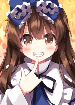 1girl blue_bow blush bow brown_eyes brown_hair commentary_request finger_to_own_chin frilled_bow frilled_shirt_collar frills gradient_background grin hair_between_eyes hair_bow highres long_hair looking_at_viewer portrait ribbon ruu_(tksymkw) simple_background smile solo star_(symbol) star_in_eye star_sapphire star_symbol_background symbol_in_eye touhou upper_body