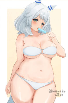 Rule 34 | 1girl, absurdres, alternate costume, animal ears, bikini, blush, breasts, brown eyes, cleavage, commentary request, cowboy shot, dated, ear covers, ear ornament, food, grey hair, highres, hishi miracle (umamusume), honoaka, horse ears, horse girl, horse tail, large breasts, looking at viewer, medium hair, navel, open mouth, popsicle, simple background, solo, standing, stomach, swimsuit, tail, twitter username, umamusume, white background, white bikini