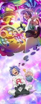 black_gloves blue_flower blue_rose blush boots chimecho closed_eyes commentary dreaming english_commentary flower gen_1_pokemon gen_3_pokemon gen_6_pokemon gloves happy highres inkay james_(pokemon) lukas_thadeu malamar mega_chimecho mega_malamar mega_pokemon mega_victreebel nintendo open_mouth pokemon pokemon_(anime) pokemon_(classic_anime) pokemon_(creature) pokemon_legends:_z-a rose sitting sparkle_background team_rocket team_rocket_uniform victreebel