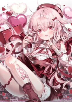 1girl balloon beret bloomers bow chi_no clothing_cutout cupcake dress food frills hair_bow hat hat_bow heart_balloon highres index_finger_raised long_hair long_sleeves original pink_bow pink_eyes pink_hair pink_ribbon pink_theme red_dress red_hat ribbon shoulder_cutout sitting sleeve_cuffs solo tongue tongue_out underwear white_bloomers