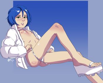 1girl ass blue_background blue_hair blush choker coat down_jacket fiji_(artist) flat_chest green_eyes jacket loli looking_at_viewer nipples open_clothes open_jacket panties panty_pull parted_lips platform_footwear platform_heels sandals short_hair solo underwear white_jacket white_panties winter_clothes winter_coat