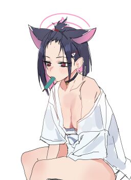 1girl animal_ears bags_under_eyes black_choker black_hair blue_archive blush bob_cut breasts cat_ears choker cleavage colored_inner_hair food food_in_mouth from_side hair_ornament hair_tie hairclip halo kazusa_(blue_archive) medium_breasts multicolored_hair naked_shirt off-shoulder_shirt off_shoulder open_clothes open_shirt oversized_clothes oversized_shirt pink_hair popsicle popsicle_in_mouth red_eyes riel_(rielilu) shirt short_hair sitting solo topknot white_background white_shirt