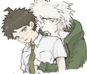 2boys ahoge brown_hair collared_shirt danganronpa_(series) danganronpa_2:_goodbye_despair green_jacket green_necktie grey_hair hinata_hajime hood hood_down hooded_jacket hug hug_from_behind jacket komaeda_nagito male_focus messy_hair multiple_boys necktie seailand shirt short_hair short_sleeves white_shirt