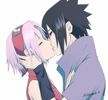 1boy 1girl black_hair closed_eyes couple forehead_protector from_side haruno_sakura hetero highres imminent_kiss konohagakure_symbol looking_at_another mochiii-s naruto_(series) naruto_shippuuden pink_hair red_eyes red_shirt sharingan shirt sleeveless sleeveless_shirt twitter_username uchiha_sasuke upper_body white_background zipper_pull_tab