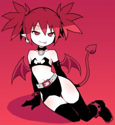Rule 34 | 1girl, akableak, anklet, arm belt, arm support, bare shoulders, belt, belt buckle, black bra, black choker, black footwear, black gloves, black thighhighs, boots, bra, breasts, bright pupils, buckle, choker, closed mouth, collarbone, commentary, demon girl, demon tail, demon wings, disgaea, earrings, elbow gloves, english commentary, etna (disgaea), full body, gloves, gradient background, groin, hair between eyes, highres, jewelry, leaning to the side, looking at viewer, makai senki disgaea, midriff, mini wings, narrowed eyes, naughty face, navel, o-ring, o-ring choker, pelvic curtain, pointy ears, red background, red bracelet, red eyes, red hair, red tail, red wings, shadow, short twintails, sitting, skull earrings, slit pupils, small breasts, smile, solo, strapless, strapless bra, studded anklet, studded bracelet, tail, thigh gap, thighhighs, tongue, tongue out, tsurime, twintails, underwear, white belt, white pupils, wings, yokozuwari