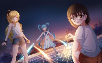 3girls :d absurdres bare_arms bare_legs bare_shoulders blonde_hair blue_bow blue_bowtie blue_hair blush bow bowtie brown_eyes brown_hair brown_shorts closed_eyes commentary cutoffs dei_matsuri dress dutch_angle evening fireworks futate_eru glasses grey_shorts grin high_ponytail highres holding holding_fireworks iin_chiyo kimi_no_koto_ga_dai_dai_dai_dai_daisuki_na_100-nin_no_kanojo kusanochika long_hair multiple_girls open_mouth outdoors ponytail scrunchie shirt short_hair short_shorts short_sleeves shorts sleeveless sleeveless_dress smile sparkler sundress sunset twintails very_long_hair water white_dress white_shirt wrist_scrunchie yellow_eyes