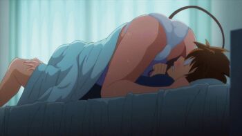 10s 1boy 1girl 69 accidental_pervert animated animated_gif ass bare_shoulders bed bed_sheet blush bow bow_panties boxers breasts brown_hair demon_tail dressing drinking drooling hanging_breasts implied_fellatio male_underwear medium_breasts momo_velia_deviluke navel nipples no_bra on_bed open_clothes open_pajamas pajamas panties pink_hair purple_eyes screencap short_hair suggestive_fluid sweat tail to_love-ru to_love-ru_darkness_2nd trash_can underwear used_tissue view_between_breasts view_between_legs white_panties yuuki_rito