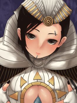 1girl armor black_background black_eyes black_hair breasts cleavage cleavage_cutout clothing_cutout highres large_breasts magic:_the_gathering paizuri pauldrons penis sakushin short_hair shoulder_armor simple_background solo teysa_karlov