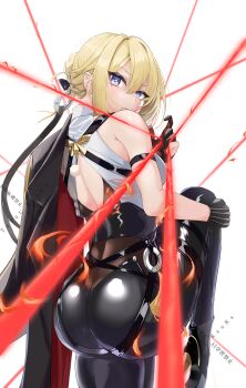 1girl ass back bare_shoulders black_gloves black_jacket black_pants blonde_hair breasts chest_harness choker collared_shirt earrings elbow_gloves evelyn_chevalier gloves hair_ornament harness high-waist_pants high_heels highres jacket jacket_on_shoulders jewelry large_breasts looking_at_viewer looking_back medium_hair pants purple_eyes shirt sleeveless sleeveless_shirt solo thighs tight_clothes tight_pants tutuuraura88 white_shirt wire zenless_zone_zero