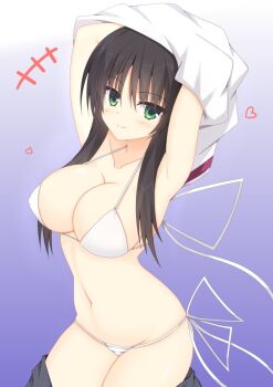 +++ 1girl alternate_costume armpits arms_behind_head arms_up bikini black_hair blush breasts cleavage closed_mouth collarbone commentary_request covered_erect_nipples cowboy_shot eyes_visible_through_hair gradient_background green_eyes groin hair_between_eyes halterneck hitachi_mako kanaya_(cybelekanaya) large_breasts long_hair looking_at_viewer navel purple_background senren_banka side-tie_bikini_bottom sidelocks simple_background smile solo split_mouth stomach swimsuit undressing white_bikini