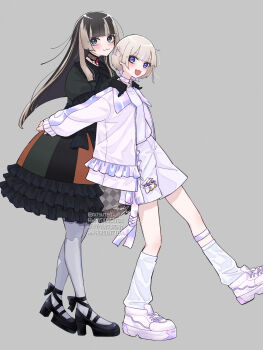 2girls :3 absurdres black_gloves black_hair blonde_hair blue_eyes blunt_bangs blush choker commentary_request dress eyelashes full_body gloves gothic_lolita grey_background grey_hair hands_on_another's_shoulder highres hime_cut hololive hololive_dev_is iridescent jacket juufuutei_raden juufuutei_raden_(1st_costume) lace lace_choker leg_warmers lolita_fashion long_hair long_sleeves looking_at_viewer multicolored_hair multiple_girls nisui57 open_mouth pantyhose purple_eyes regloss_(hololive) shirt shoes short_hair shorts sidelocks smile sneakers streaked_hair todoroki_hajime todoroki_hajime_(1st_costume) two-tone_hair two_side_up virtual_youtuber white_shirt white_shorts