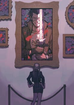 1girl black_jacket black_skirt blonde_hair commentary english_commentary feet_out_of_frame hands_on_own_hips heartgrooooove highres jacket looking_at_object no_more_heroes object_focus painting_(object) pencil_skirt skirt solo sylvia_christel travis_touchdown twintails