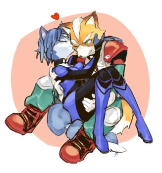 animal_ears blue_fur blue_hair blush carrying carrying_person closed_eyes fox fox_ears fox_girl fox_mccloud fox_tail furry furry_female green_eyes kiss kissing_cheek krystal nintendo star_fox tail tmgt26
