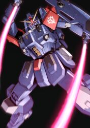 Rule 34 | absurdres, arm shield, beam saber, black background, blue destiny 02, commentary, dual wielding, eye trail, foot out of frame, glowing, glowing eyes, gundam, gundam side story: the blue destiny, highres, holding, holding sword, holding weapon, light trail, looking at viewer, mecha, mecha focus, mobile suit, motion blur, no humans, red eyes, robot, science fiction, simple background, solo, sword, takahashi masaki, v-fin, weapon, zeon