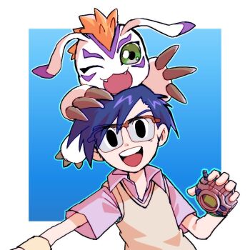 Rule 34 | black eyes, blue background, blue hair, border, digimon, digimon (creature), digimon adventure, digivice, fangs, gomamon, green eyes, highres, kido jo, megane mochi, on head, one eye closed, red hair, shirt, simple background, sweater, upper body, white border, white fur, white shirt, white sweater