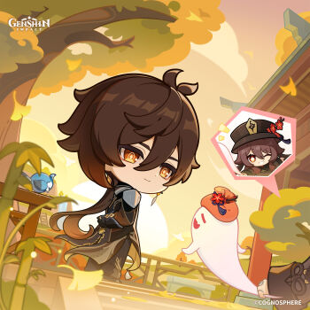 1boy 1girl absurdres arm_behind_back bird black_gloves black_hat black_pants blurry blurry_foreground boo_tao_(genshin_impact) brown_hair chibi closed_mouth coat commentary copyright_name dot_nose earrings english_commentary flower genshin_impact ghost gloves gradient_clothes gradient_hair grin hair_between_eyes hat hat_flower highres hu_tao_(genshin_impact) jewelry long_hair long_sleeves low_ponytail multicolored_hair official_art one_eye_closed outdoors pants ponytail red_flower ring smile standing sun tassel tree very_long_hair zhongli_(genshin_impact)