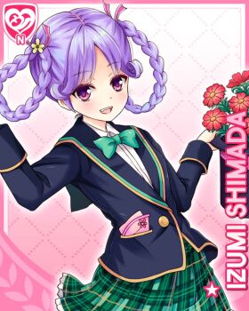 1girl :d bow bowtie braid card_(medium) character_name fang flower flower_ornament girlfriend_(kari) green_bow green_bowtie green_skirt hair_flower hair_ornament handkerchief hat holding jacket looking_at_viewer official_art open_mouth pink_background plaid_clothes plaid_skirt pleated_skirt purple_eyes purple_hair qp:flapper school_uniform shimada_izumi shirt skirt smile solo top_hat twin_braids white_shirt