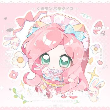 1girl :o blue_bow blush bow chibi chibi_only dress flower full_body green_eyes hair_bow heart highres long_hair open_mouth original parted_bangs pink_background pink_dress pink_hair pink_shoes rabbit red_bow sample_watermark shoes socks solo sparkle watermark yellow_socks yikemaohetao