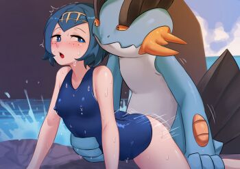 1boy 1girl :o arched_back ass bare_arms bestiality blue_eyes blue_hair blue_one-piece_swimsuit blush breasts bright_pupils chikaretsu cloud commentary covered_erect_nipples day freckles furry furry_male furry_with_non-furry gen_3_pokemon hairband hand_on_another's_stomach hetero highres interspecies lana_(pokemon) looking_back motion_lines nintendo one-piece_swimsuit open_mouth outdoors pokemon pokemon_(creature) pokemon_sm pokephilia rock sand sex shiny_skin short_hair sky splashing swampert swimsuit tongue water wet wet_clothes wet_swimsuit yellow_hairband