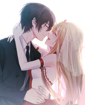 1boy 1girl :d absurdres alternate_costume asuna_(sao) black_jacket black_necktie black_suit closed_eyes closed_mouth collared_shirt commentary couple dress elbow_gloves formal_clothes gloves hetero highres hug istriri jacket kirito necktie open_mouth red_dress see-through_clothes see-through_veil shirt sleeveless sleeveless_dress smile strapless strapless_dress suit sword_art_online tiara two-tone_dress upper_body veil white_background white_dress white_gloves white_shirt white_veil wing_collar