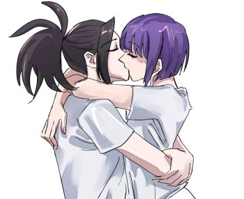 Rule 34 | 2girls, arms around neck, black hair, boku no hero academia, closed eyes, french kiss, highres, hug, jiro kyoka, kiss, long hair, multiple girls, ponytail, purple hair, shirt, short hair, simple background, vvvmung, white background, white shirt, yaoyorozu momo, yuri