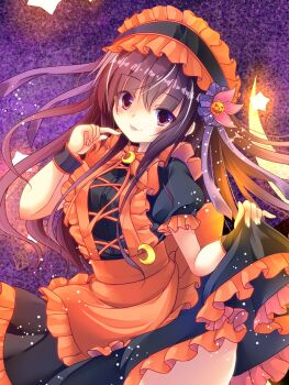 1girl alternate_costume apron black_dress brown_eyes brown_hair cowboy_shot crescent crescent_pin dress frilled_apron frilled_dress frills halloween_costume highres kamiya_yuuji kantai_collection kisaragi_(kancolle) long_hair maid_headdress orange_apron purple_background skirt_hold smile solo