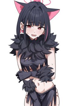 1girl animal_ears black_hair blue_archive cat_ears kazusa_(blue_archive) kazusa_(halloween)_(blue_archive) looking_at_viewer navel oil_sob pink_hair short_hair simple_background solo upper_body white_background