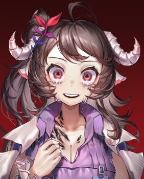 1girl ahoge animal_ears arknights breasts brown_hair cleavage collarbone commentary crazy creepy crying crying_with_eyes_open curled_horns english_commentary eyjafjalla_(arknights) gradient_background hand_up highres horns horror_(theme) jacket long_hair long_sleeves looking_at_viewer material_growth mwomwomwo oripathy_lesion_(arknights) pink_eyes purple_shirt red_background shirt solo staring tears upper_body white_horns white_jacket