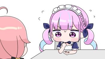 2girls ahoge blue_dress blue_hair blue_ribbon blush_stickers braid candy chibi dress eating flying_sweatdrops food hair_ribbon heart highres hololive maid_headdress minato_aqua minato_aqua_(1st_costume) mochimiko multicolored_hair multiple_girls official_alternate_costume pink_hair puffy_short_sleeves puffy_sleeves purple_eyes ribbon sakura_miko sakura_miko_(casual) short_sleeves simple_background streaked_hair sweat twintails two-tone_hair virtual_youtuber white_background yurie_mouth