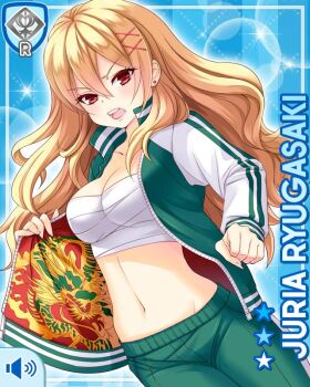 Rule 34 | 1girl, blonde hair, blue background, breasts, card (medium), character name, chest sarashi, ear piercing, girlfriend (kari), green jacket, green pants, gym uniform, hair ornament, jacket, long hair, looking at viewer, navel, official art, open clothes, open jacket, pants, piercing, qp:flapper, red eyes, ryugasaki juria, sarashi, solo, standing, track jacket, track suit, v-shaped eyebrows, x hair ornament