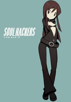 1girl beeru_(veil8801) belt bodysuit breasts center_opening collar collarbone copyright_name cosplay devil_summoner:_soul_hackers devil_summoner_(series) full_body highres long_hair looking_at_viewer nemissa pale_skin simple_background solo tono_hitomi zipper