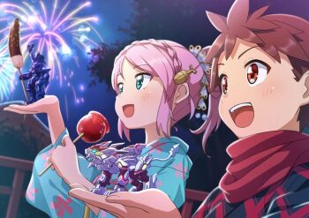 1boy 1girl aerial_fireworks amakusa_kyo anima_gear aqua_eyes braid brown_hair candy_apple chocolate-covered_food chocolate_banana crown_braid fireworks floral_print floral_print_kimono food galeo_striker hair_ornament high_ponytail holding holding_candy_apple holding_food humanoid_robot japanese_clothes kimono mecha model_kit momiji_sakura night non-humanoid_robot official_art open_mouth outdoors pink_hair ponytail print_kimono red_eyes red_scarf robot robot_animal scarf short_hair teeth thousand_gladiator tyuga upper_body upper_teeth_only