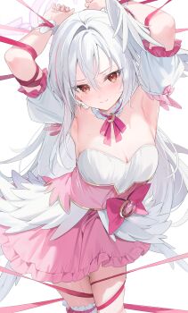 1girl absurdres armpits arms_behind_head arms_up blue_archive blush bound bound_arms bow breasts cleavage closed_mouth commentary_request corset crescent crescent_hair_ornament detached_collar dress feathered_wings frilled_sleeves frills hair_between_eyes hair_ornament halo head_wings highres kawauchi_(kaz7ry) long_hair looking_at_viewer magical_girl medium_breasts mole mole_under_eye neck_ribbon pink_bow pink_corset pink_halo pink_ribbon puffy_short_sleeves puffy_sleeves red_ribbon restrained ribbon ribbon_bondage short_sleeves simple_background single_head_wing skindentation solo strapless strapless_dress suzumi_(blue_archive) suzumi_(magical)_(blue_archive) thighs v-shaped_eyebrows waist_bow white_background white_hair white_wings wings
