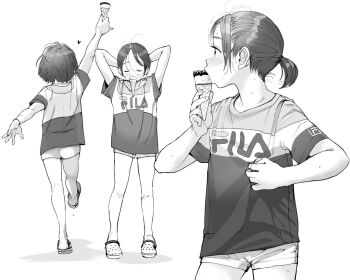 Rule 34 | 1girl, bad id, bad twitter id, blush, food, greyscale, ice cream, inactive account, masuda (yousaytwosin), monochrome, original, ponytail, shirt, shoes, short hair, short shorts, shorts, t-shirt