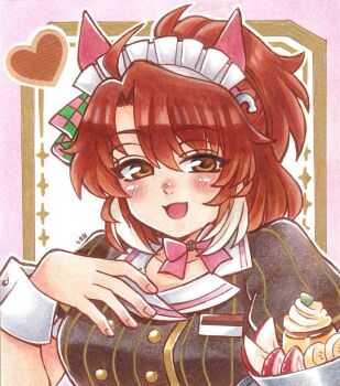 Rule 34 | 1girl, ahoge, animal ears, blush, bow, bowl, breasts, brown eyes, brown hair, brown shirt, checkered ribbon, coco's, collarbone, commentary request, dantsu flame (umamusume), ear covers, ear ribbon, food, fruit, hair between eyes, heart, holding, holding bowl, horse ears, horse girl, large breasts, looking at viewer, multicolored hair, open mouth, pink bow, shira (kunseitamago), shirt, short sleeves, smile, solo, umamusume, upper body, white hair, white headdress, white wrist cuffs, wrist cuffs