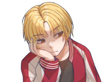 Rule 34 | 1girl, bang dream!, black shirt, blonde hair, brown eyes, commentary, english commentary, head rest, highres, jacket, long sleeves, luvechaee, open clothes, open jacket, red jacket, sato masuki, shirt, short hair, simple background, solo, upper body, white background